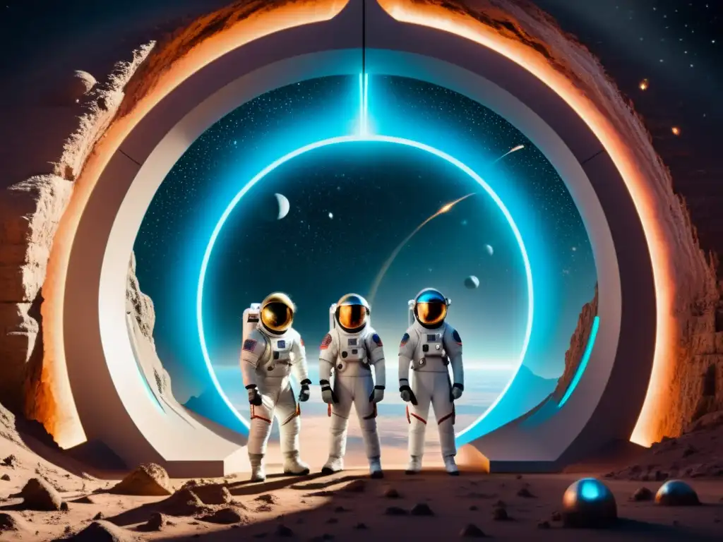 Exploración interdimensional: Astronautas frente al portal Grupo de astronautas en trajes espaciales futuristas frente a un portal brillante, listos para explorar universos paralelos