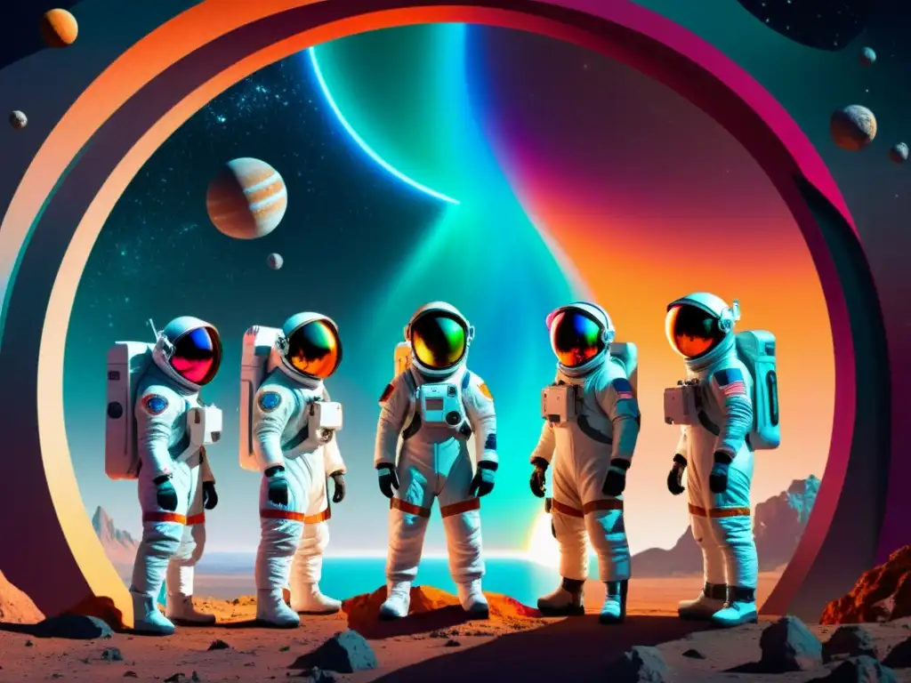 Exploración interdimensional: Astronautas listos para el viaje Grupo de astronautas en trajes espaciales futuristas frente a un portal con colores vibrantes y energía resplandeciente
