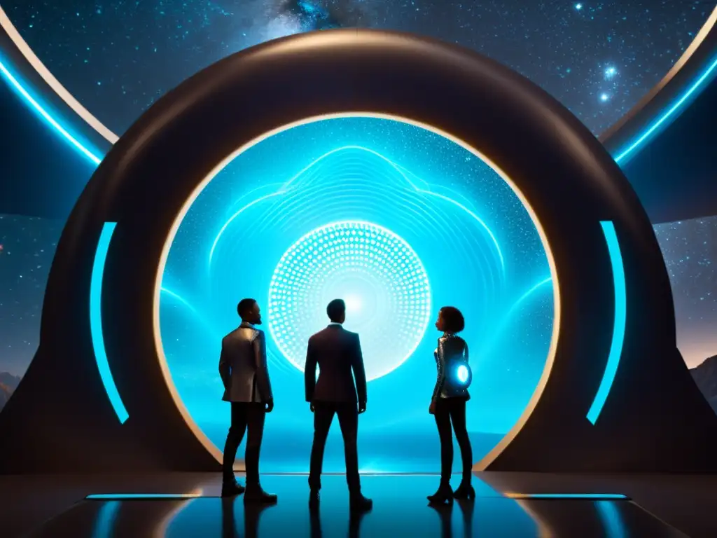 Exploradores del tiempo frente a un portal brillante Un grupo de aventureros del futuro listos para cruzar un portal brillante hacia paisajes interdimensionales en los videojuegos