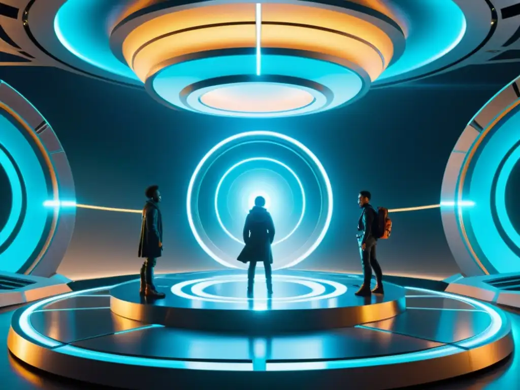 Grupo de aventureros en plataforma futurista listos para viaje interdimensional