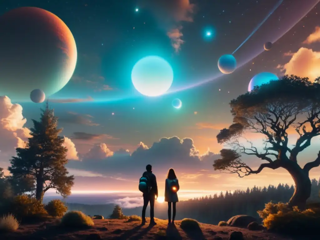 Encuentro celestial en el bosque místico Grupo en bosque místico con orbes brillantes y cielo iridiscente