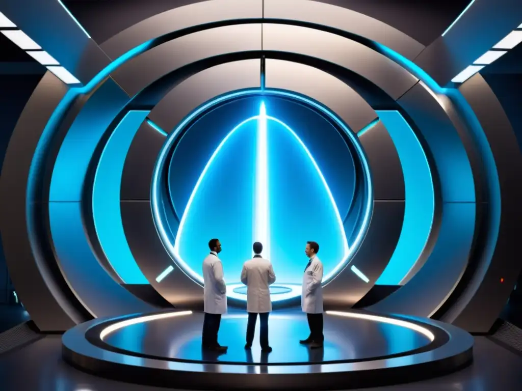 Experimento de viaje temporal: científicos frente a portal con energía azul Un grupo de científicos en abrigos de laboratorio y cascos futuristas rodean un portal circular con energía azul
