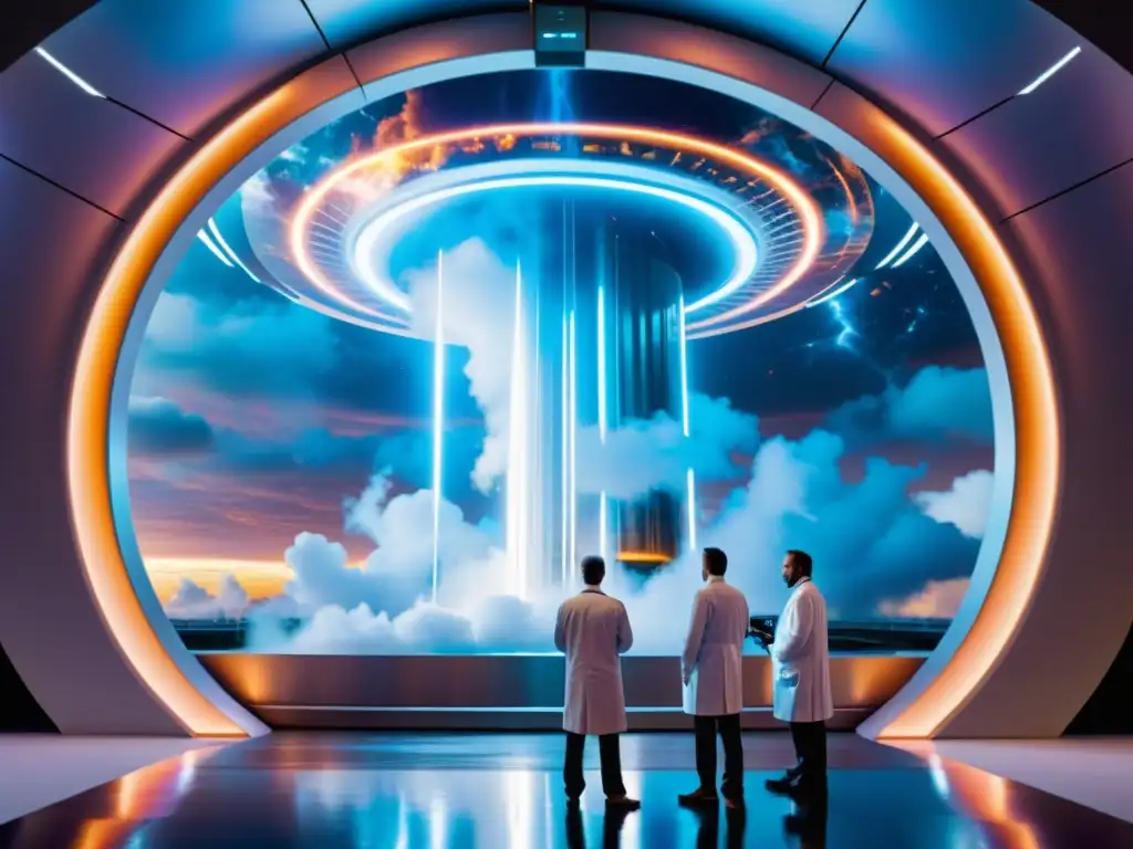 Descubrimiento interdimensional: científicos frente a un portal de energía Un grupo de científicos observa asombrado un portal interdimensional con maquinaria futurista y colores brillantes