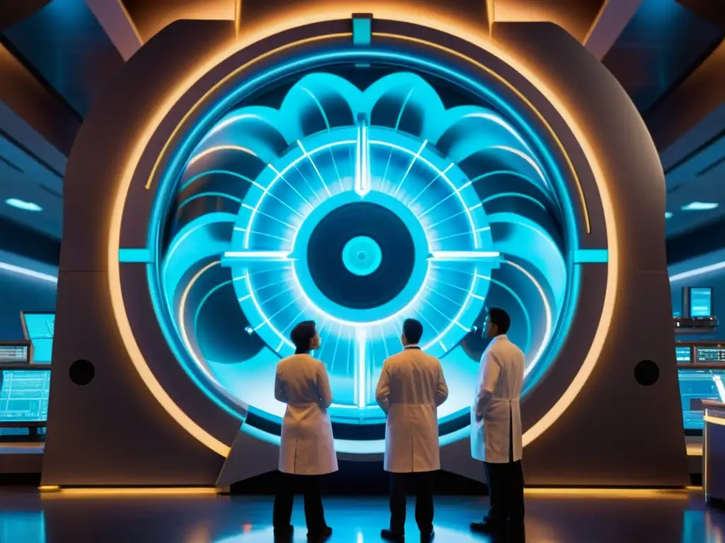 Viaje en el tiempo: científicos asombrados ante la máquina Grupo de científicos asombrados frente a una máquina del tiempo brillante en laboratorio futurista