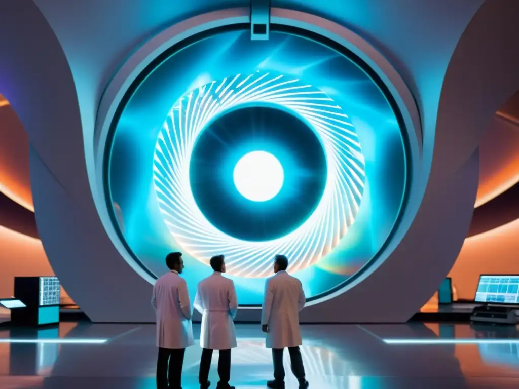 Descubriendo nuevos mundos: científicos frente al portal dimensional Un grupo de científicos observa con asombro y determinación un portal iridiscente cargado de energía