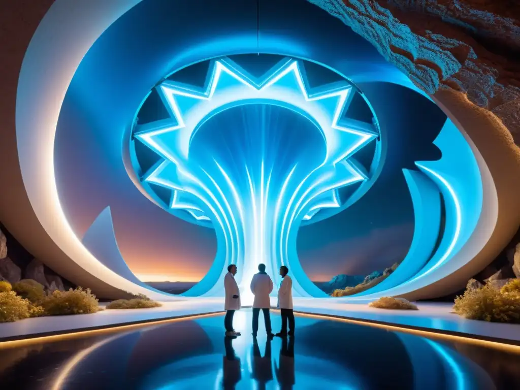 Descubriendo universos: científicos frente a portal dimensional Un grupo de científicos observa con asombro y temor un portal brillante rodeado de energía azul, que revela un paisaje surrealista