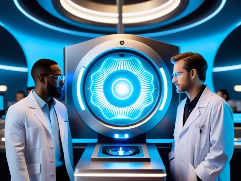 Descubrimiento interdimensional: científicos junto a máquina futurista Un grupo de científicos en batas blancas rodean una máquina futurista que emite un suave resplandor azul