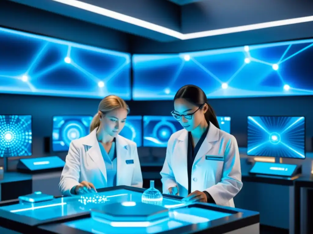 Manipulación de nanotecnología azul en laboratorio futurista Un grupo de científicos en batas blancas manipulando nanoestructuras azules en un laboratorio de alta tecnología