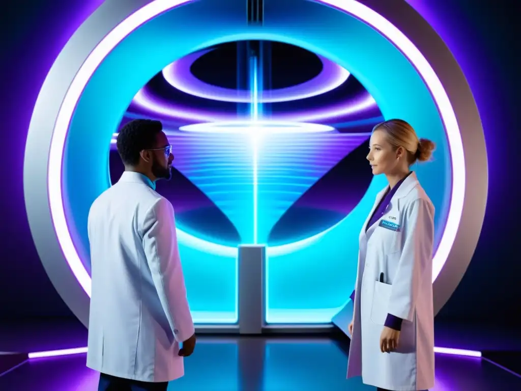 Un grupo de científicos en batas blancas rodea un dispositivo de portal futurista con energía azul y morada