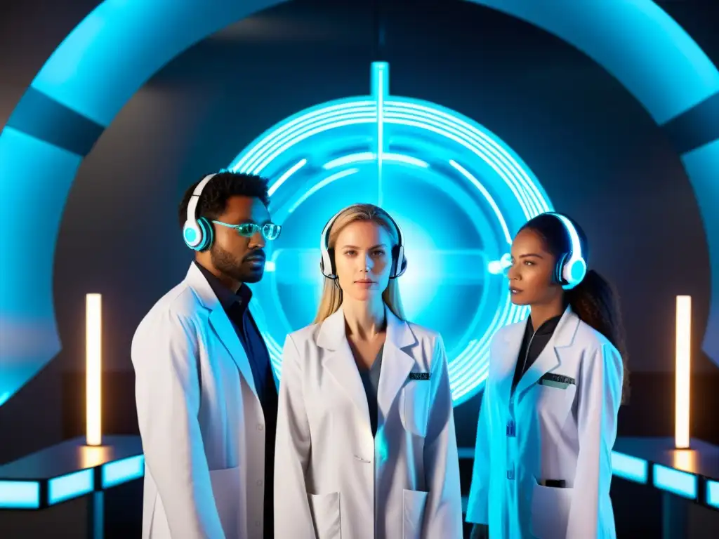 Un grupo de científicos con batas blancas y auriculares futuristas rodea un portal resplandeciente, con expresiones de asombro y temor
