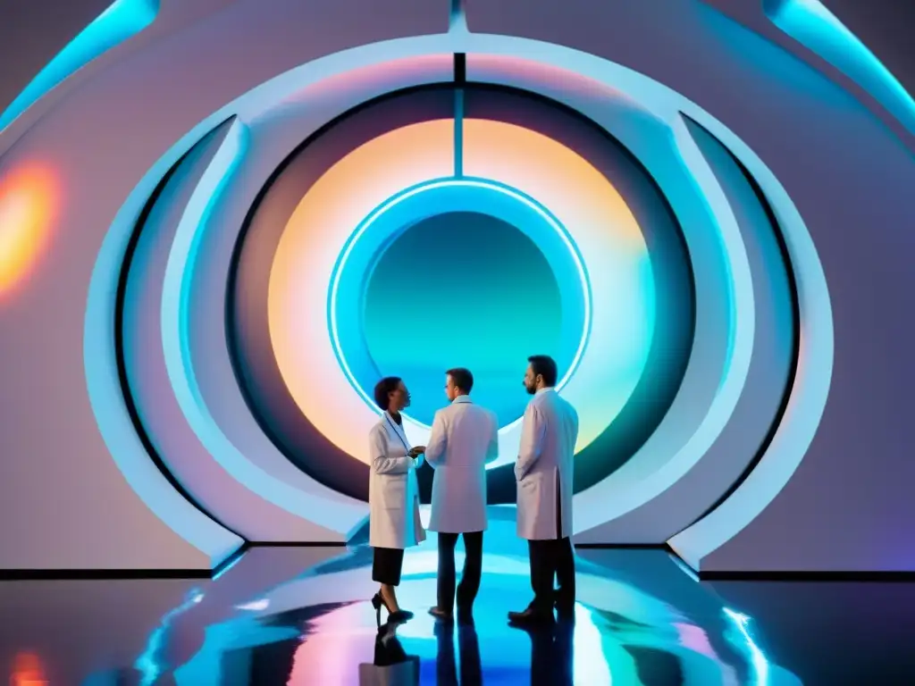 Descubriendo el Portal Interdimensional: Avanzada Exploración Científica Un grupo de científicos en batas blancas estudian un portal interdimensional futurista rodeado de arcos metálicos y cámaras de alta tecnología