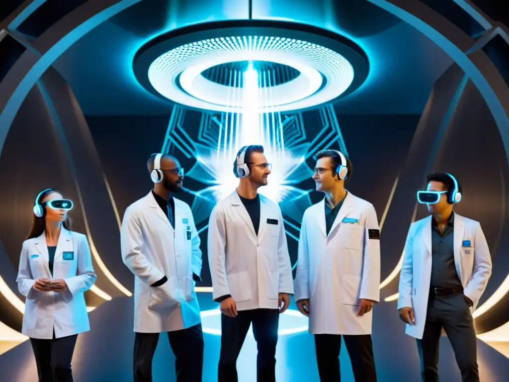 Descubriendo nuevos mundos: científicos frente al portal interdimensional Un grupo de científicos con batas blancas y auriculares futuristas observa con asombro un portal brillante rodeado de vortex de luz y sombra