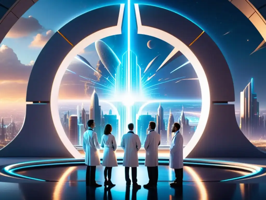 Portal interdimensional: científicos ante un mundo desconocido Un grupo de científicos en batas blancas se prepara para atravesar un portal interdimensional, rodeado de energía y tecnología futurista
