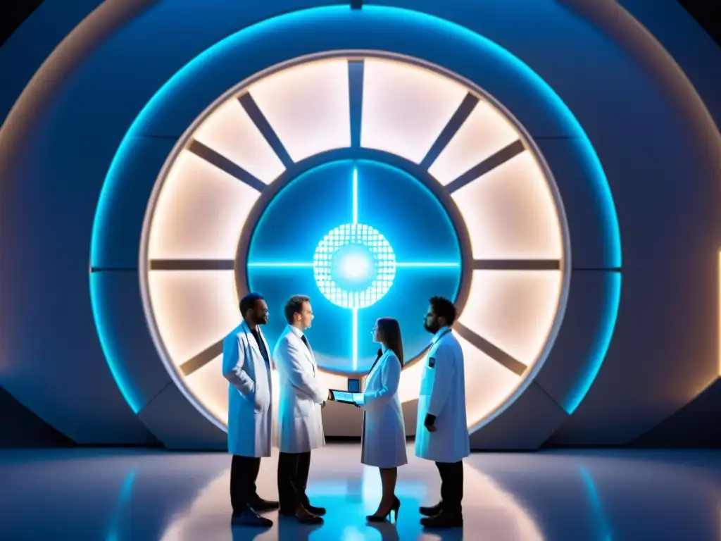 Un grupo de científicos en batas blancas rodea un portal brillante mientras manipulan controles y observan lecturas de datos