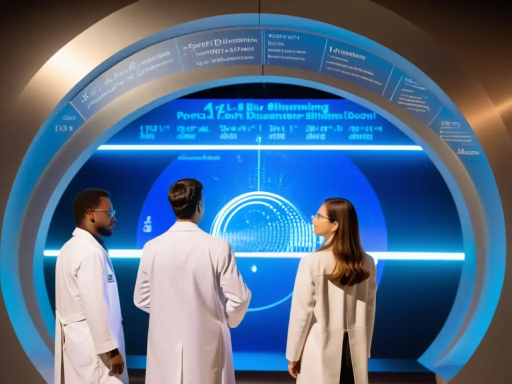 Descubrimiento de portal interdimensional despierta debate científico Un grupo de científicos en batas blancas frente a un portal brillante y ondulante, con ecuaciones flotando en el aire a su alrededor