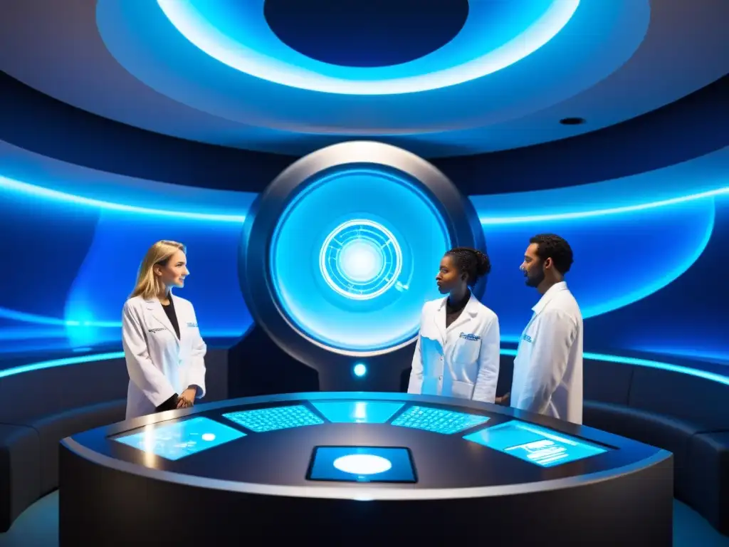Descubriendo el portal interdimensional: científicos en acción Un grupo de científicos en batas blancas se reúnen alrededor de una consola futurista y brillante llena de diales y interruptores