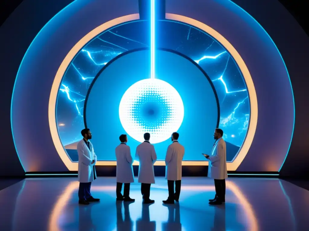 Descubrimiento interdimensional: científicos controlan el portal Un grupo de científicos en batas blancas ajusta controles frente a un portal circular masivo con energía azul, rodeado de maquinaria y luces pulsantes