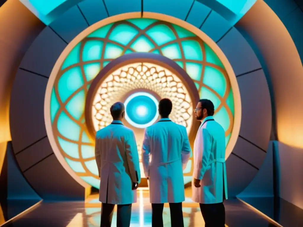 Portal interdimensional: descubriendo nuevos mundos Un grupo de científicos en batas de laboratorio observando un portal brillante con patrones intrincados