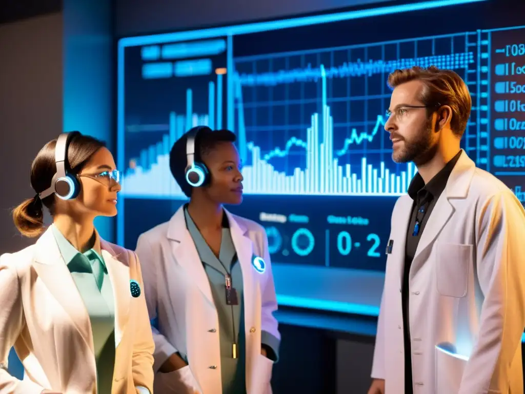 Descubrimientos cuánticos: científicos y universos paralelos Un grupo de científicos en batas de laboratorio y auriculares futuristas, frente a un ordenador cuántico brillante y giratorio