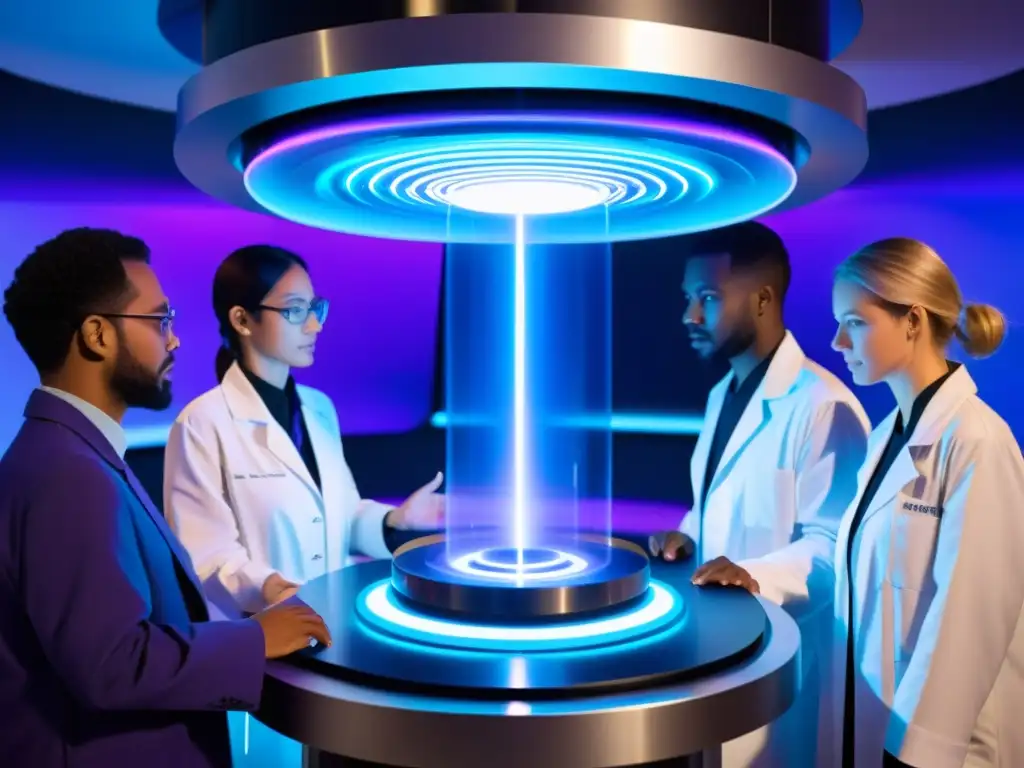 Científicos discuten misterioso dispositivo tecnológico Un grupo de científicos en batas de laboratorio rodean un dispositivo futurista con luces azules y púrpuras