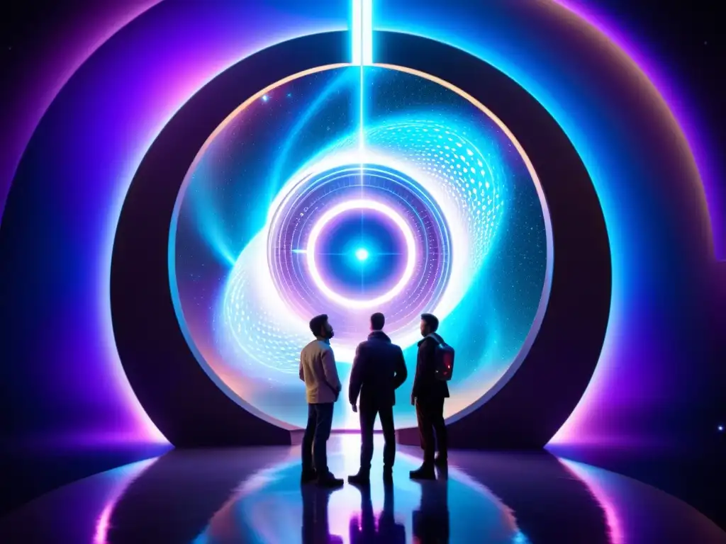 Portal interdimensional: descubriendo lo desconocido Un grupo de científicos se prepara para la construcción de un portal a universo paralelo, rodeados de energía iridiscente y galaxias