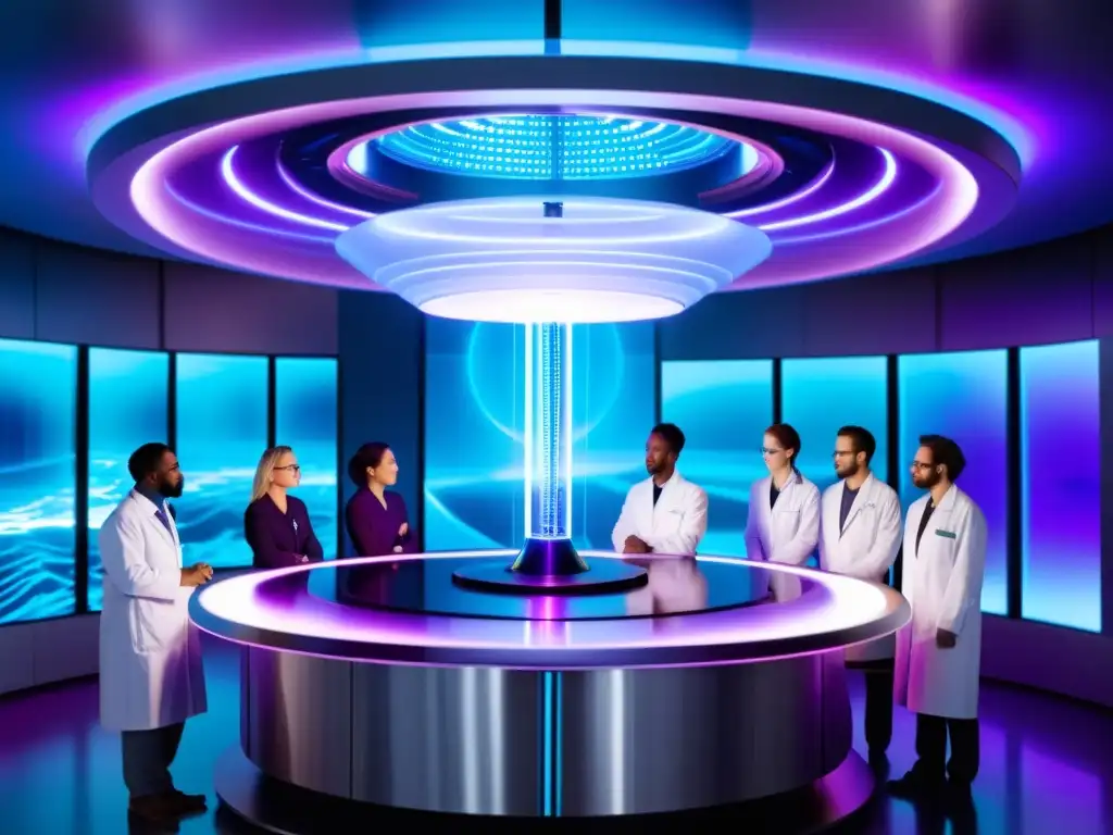 Avanzada investigación científica con máquina futurista Un grupo de científicos estudia datos y hologramas en un laboratorio futurista, con ondas de luz azul y morada