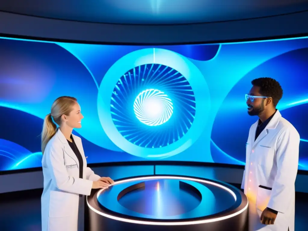 Simulaciones interdimensionales: Descifrando el futuro Un grupo de científicos analiza datos en una sala futurista con tecnología avanzada, preparándose para simulaciones de viajes interdimensionales prácticas