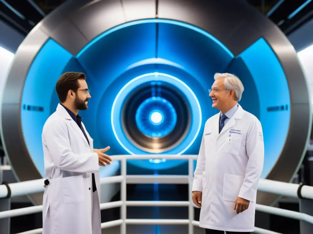 Descubrimientos interdimensionales en el sincrotrón Un grupo de científicos discute emocionado frente a un avanzado acelerador de partículas sincrotrón, rodeado de energía y misterios interdimensionales