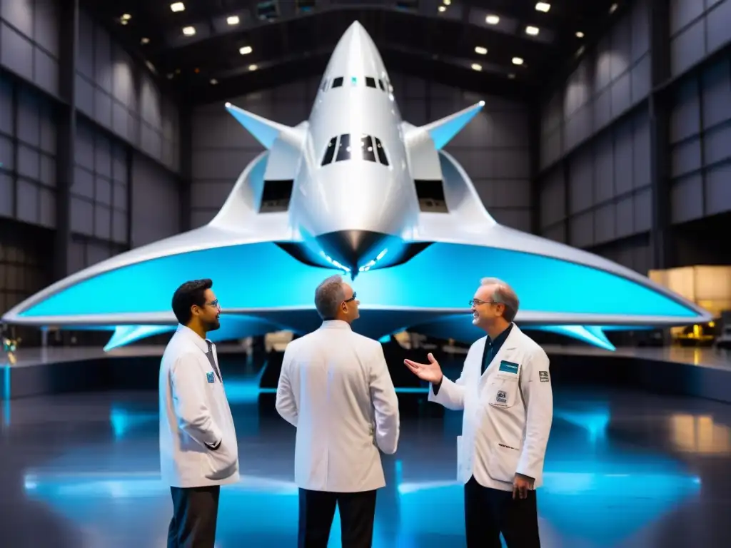 Descubrimiento científico en ciudad futurista Grupo de científicos emocionados discuten descubrimientos frente a una estructura espacial futurista