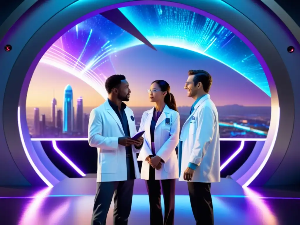 Descubrimiento de portal interdimensional: científicos asombrados Grupo de científicos emocionados discutiendo viaje interdimensional, frente a portal con energía azul y púrpura, ciudad futurista al fondo