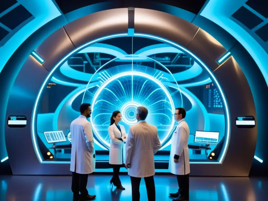 Exploración interdimensional: científicos frente al portal cronomecánico Grupo de científicos preparándose para la exploración de viajes interdimensionales en un laboratorio de cronomecánica de vanguardia