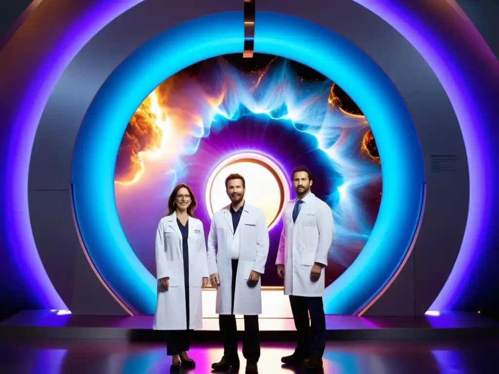 Portal interdimensional: científicos descubren nuevos mundos Un grupo de científicos frente a un deslumbrante portal interdimensional, rodeados de tecnología futurista y paisajes alienígenas