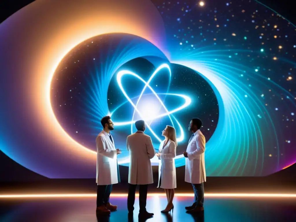 Explorando dimensiones ocultas: científicos frente al portal Grupo de científicos frente a un portal brillante, preparándose para viajes interdimensionales y explorar teorías científicas