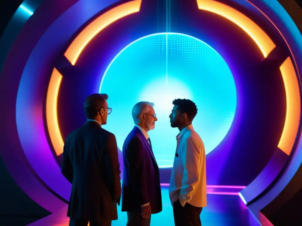 Explorando nuevos mundos: científicos frente a un portal interdimensional Un grupo de científicos frente a un portal brillante, rodeados de tecnología futurista