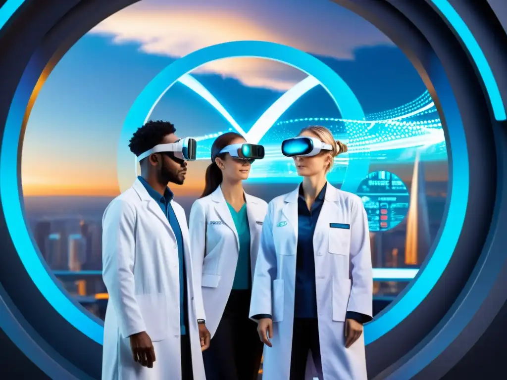 Científicos frente a portal iridiscente: puerta a la ciencia del futuro Grupo de científicos frente a portal iridiscente, rodeados de tecnología avanzada y ecuaciones