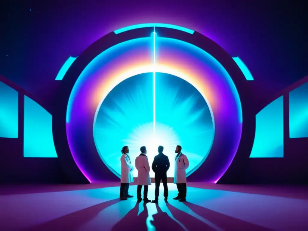 Exploración científica de universos paralelos Un grupo de científicos frente a un portal brillante que revela un universo paralelo