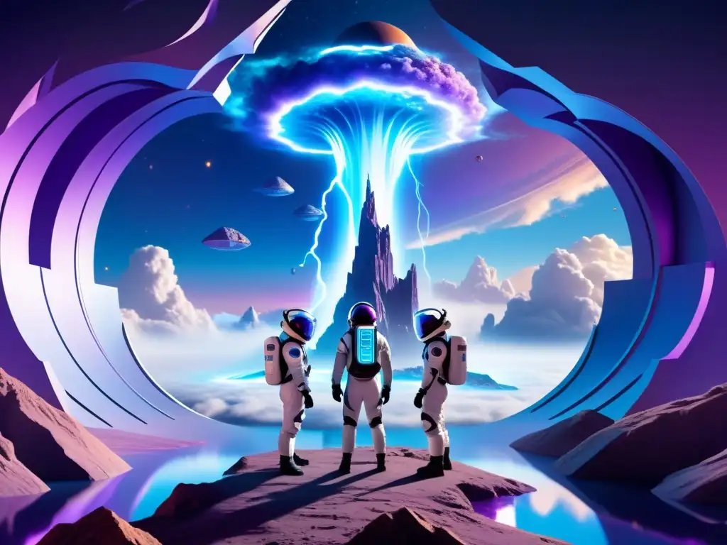 Portal interdimensional: científicos exploran paisaje surrealista Grupo de científicos frente a un portal interdimensional, con un paisaje surrealista
