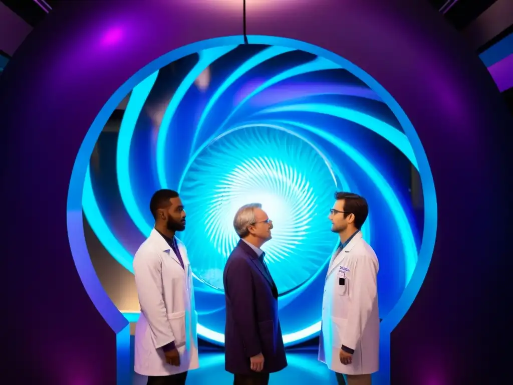 Grupo de científicos frente a un portal vibrante, listos para viajes interdimensionales teorías científicas