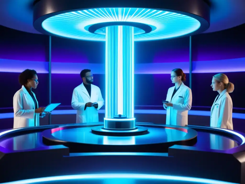 Experimento interdimensional en laboratorio futurista Grupo de científicos en laboratorio de alta tecnología creando un portal hacia otra dimensión, con energía azul y morada