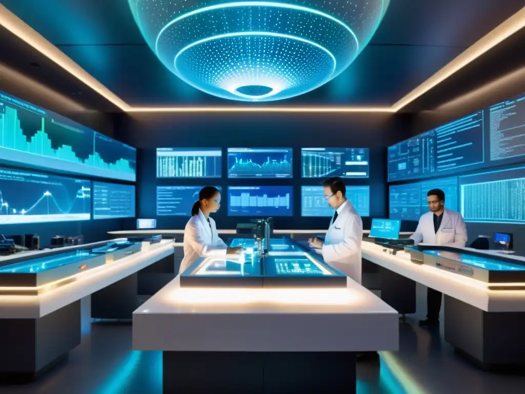 Descubriendo el misterio: científicos en laboratorio de alta tecnología Grupo de científicos en laboratorio de alta tecnología investigando partículas exóticas y realidades paralelas con determinación y curiosidad