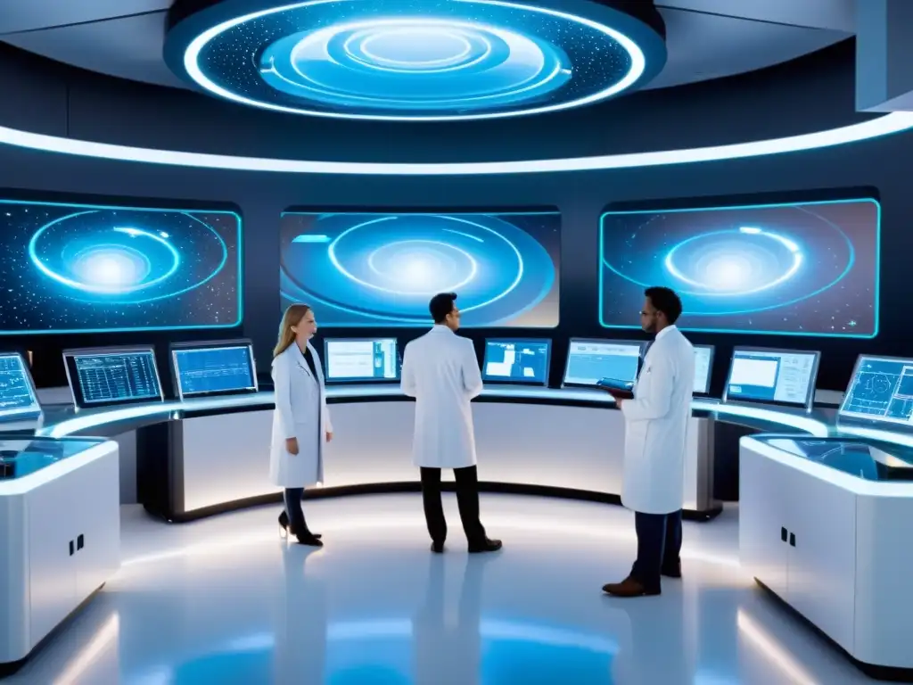 Exploración en el laboratorio: portal hacia universos paralelos Grupo de científicos en laboratorio de alta tecnología, explorando teorías científicas universos paralelos