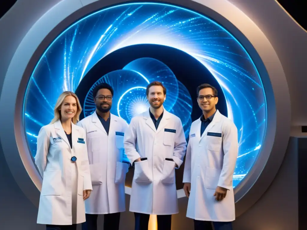 Grupo de científicos en laboratorio futurista con portal interdimensional brillante y teorías científicas