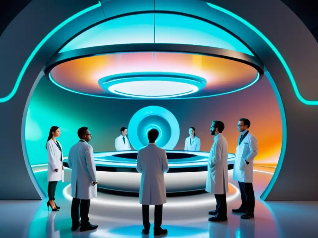 Portal cuántico: explorando universos paralelos Grupo de científicos en un laboratorio futurista explorando influencia mecánica cuántica universos paralelos