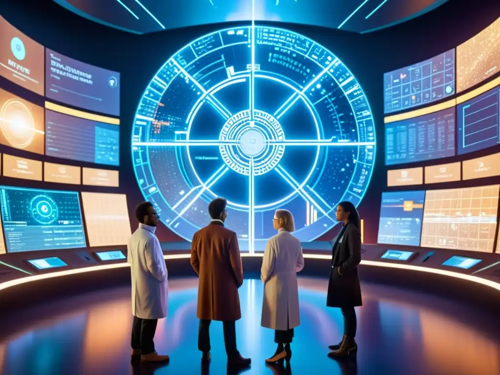 Grupo de científicos en laboratorio futurista rodeados de hologramas y portales a universos múltiples