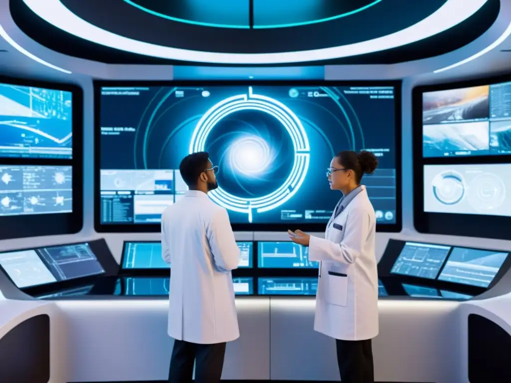 Descubriendo Portales: Exploración Interdimensional Grupo de científicos en un laboratorio futurista rodeados de simulacros digitales de teoría de universos paralelos