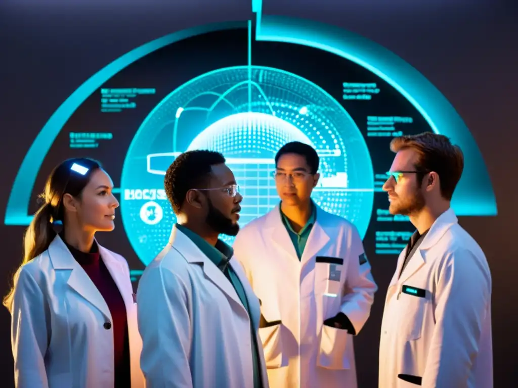 Grupo de científicos en un laboratorio con un portal brillante y ecuaciones flotando, discutiendo teorías científicas sobre viajes interdimensionales