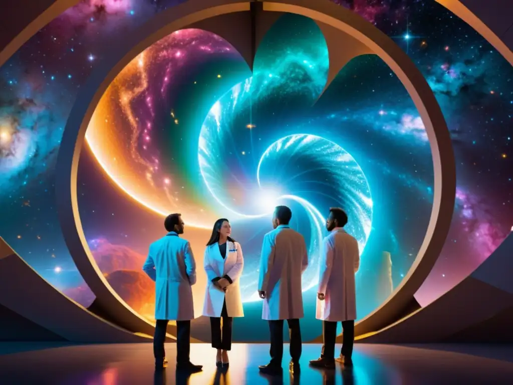 Viaje interdimensional: científicos frente al portal Grupo de científicos en laboratorios frente a un portal brillante, con ecuaciones matemáticas y tecnología futurista, listos para viajes interdimensionales física matemáticas