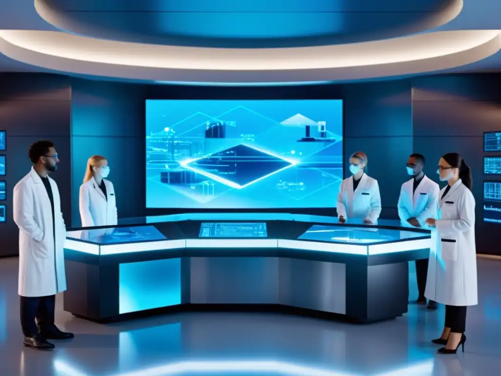 Análisis de ecuaciones interdimensionales en laboratorio futurista Grupo de científicos analizando lógica interdimensional Rudolf Carnap en laboratorio futurista con hologramas y maquinaria abstracta