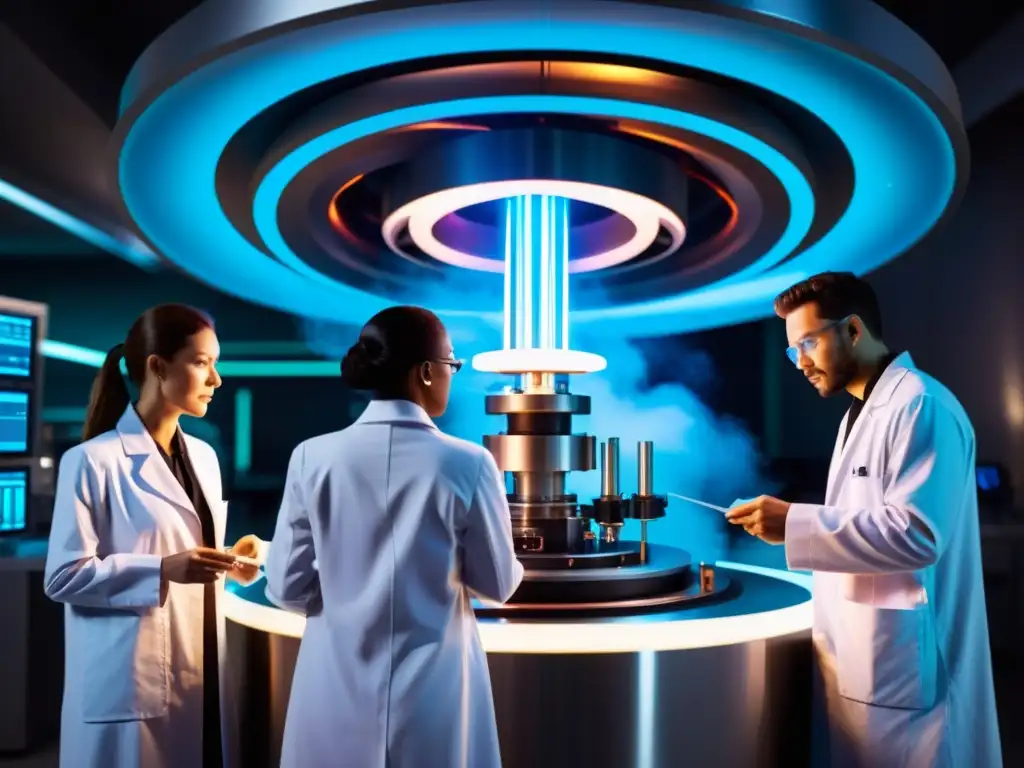Grupo de científicos rodeando una máquina futurista con energía multicolor, en un laboratorio lleno de equipos de alta tecnología y viales brillantes