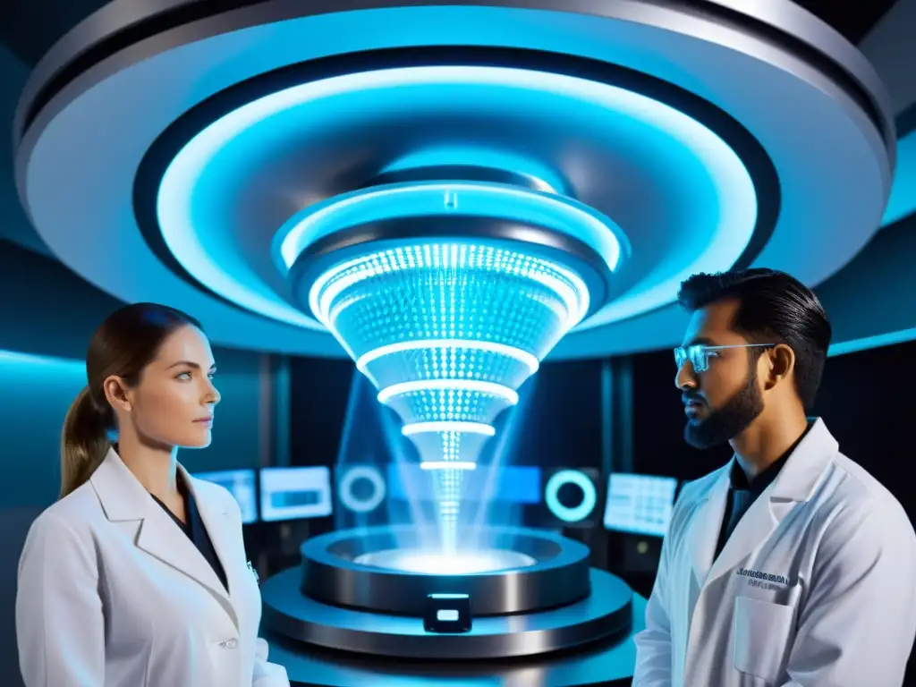 Descubriendo el Vórtice: Avances en Nanotecnología Grupo de científicos observando una máquina futurista de nanotecnología para manipulación espaciotemporal, con luces y hologramas